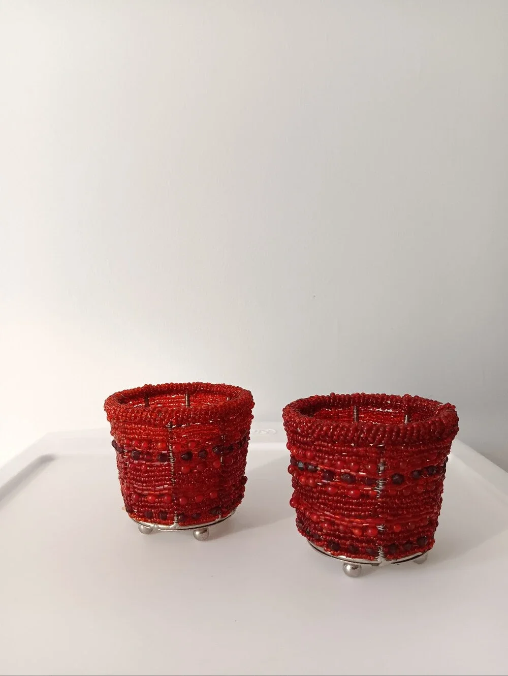 Pottery Barn Sunset Beaded Red Tealight Votive Candle Holders Set of 2 Silver 2